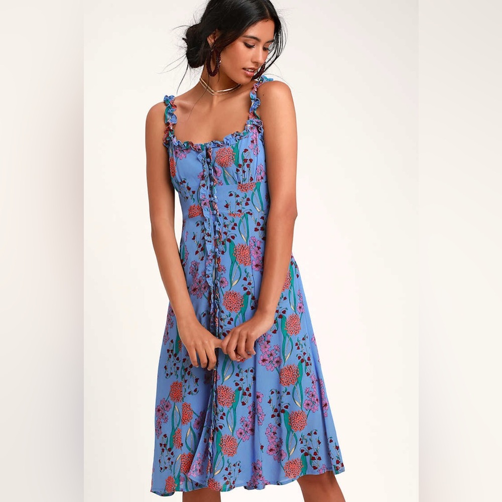 ASTR The Label Blended Blue Floral Print Button-Up Midi Dress S